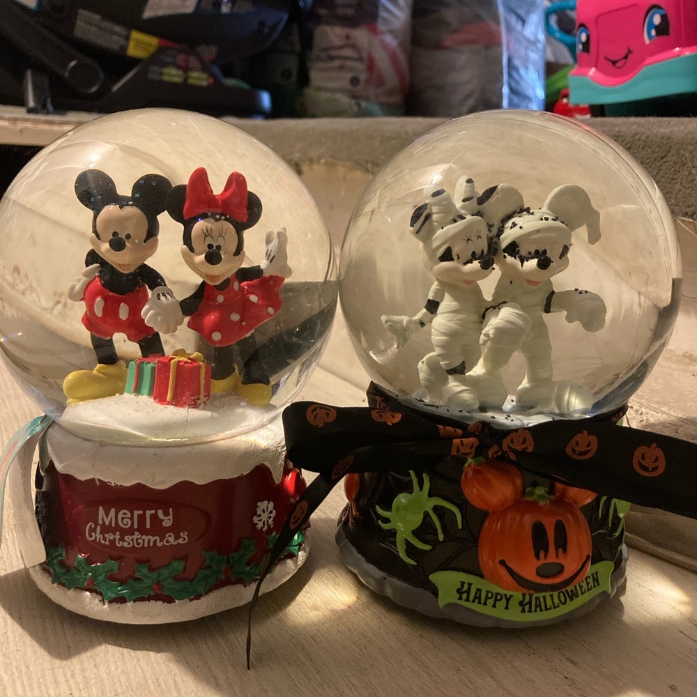 Disney Mickey & Minnie Holiday Snow Globes - Christmas & Halloween Pair